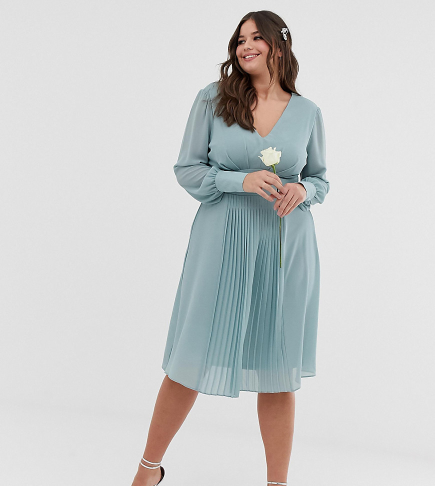 TFNC Plus bridesmaid exclusive midi dress with pleated skirt in sage