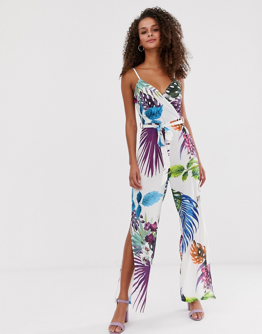 Parisian wrap front jumpsuit in tropical print