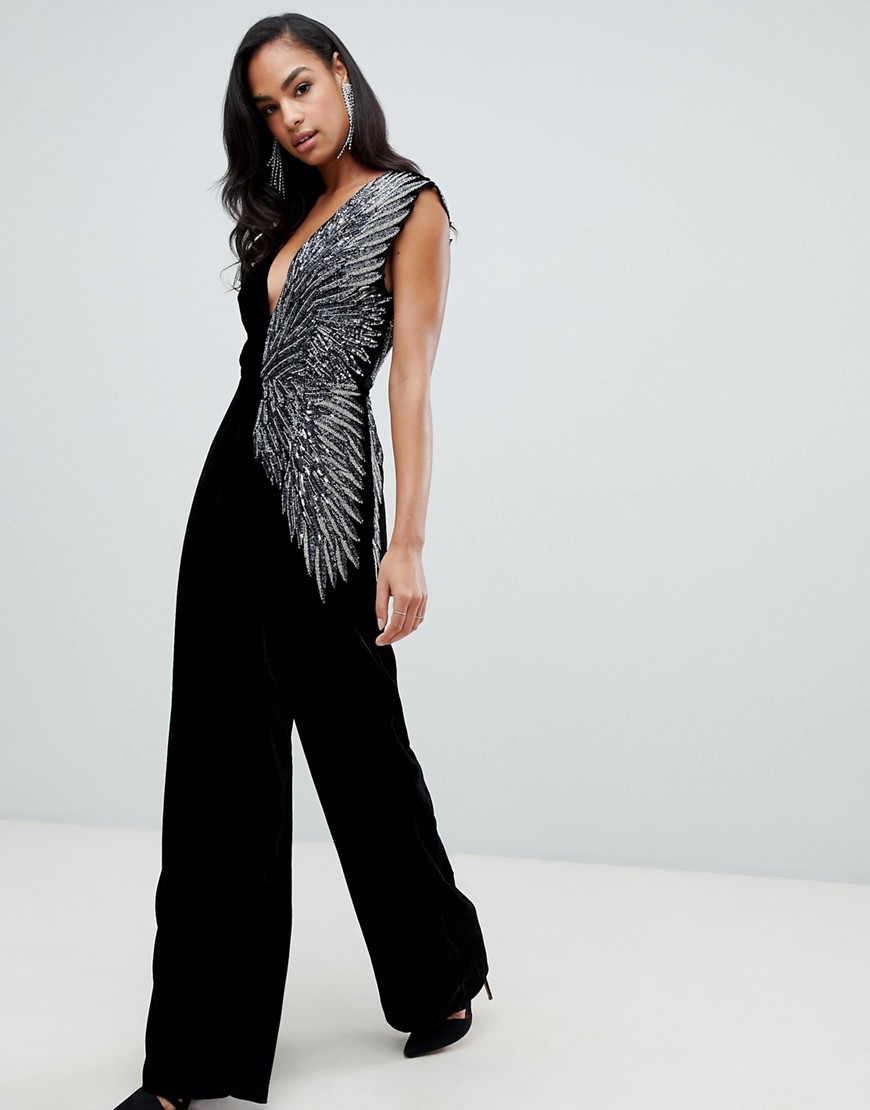 ASOS EDITION velvet jumpsuit with feather embellishment