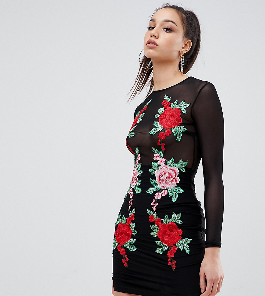 NaaNaa Tall Mesh Bodycon Mini Dress With Floral Applique
