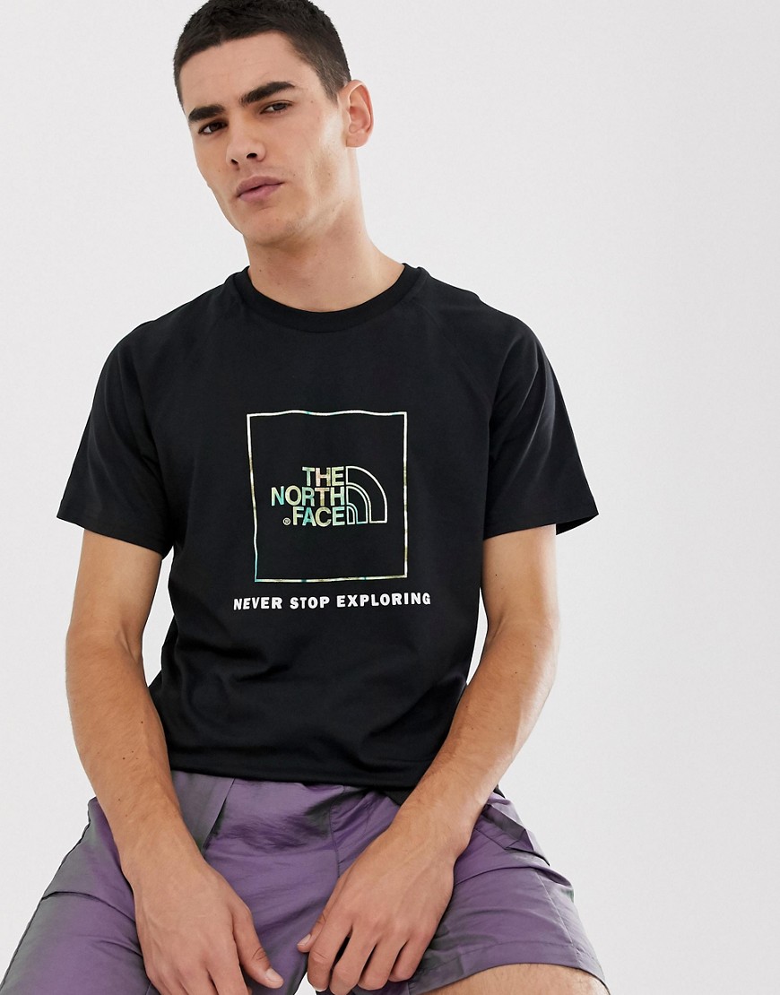 The North Face Raglan Red Box t-shirt in black/iridescent