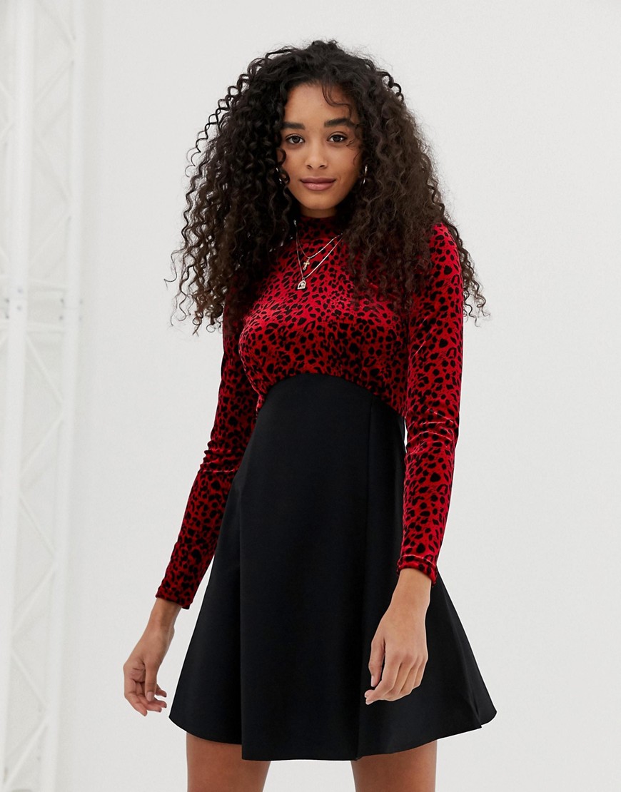 Nobody's Child high neck skater dress with contrast panels in leopard print