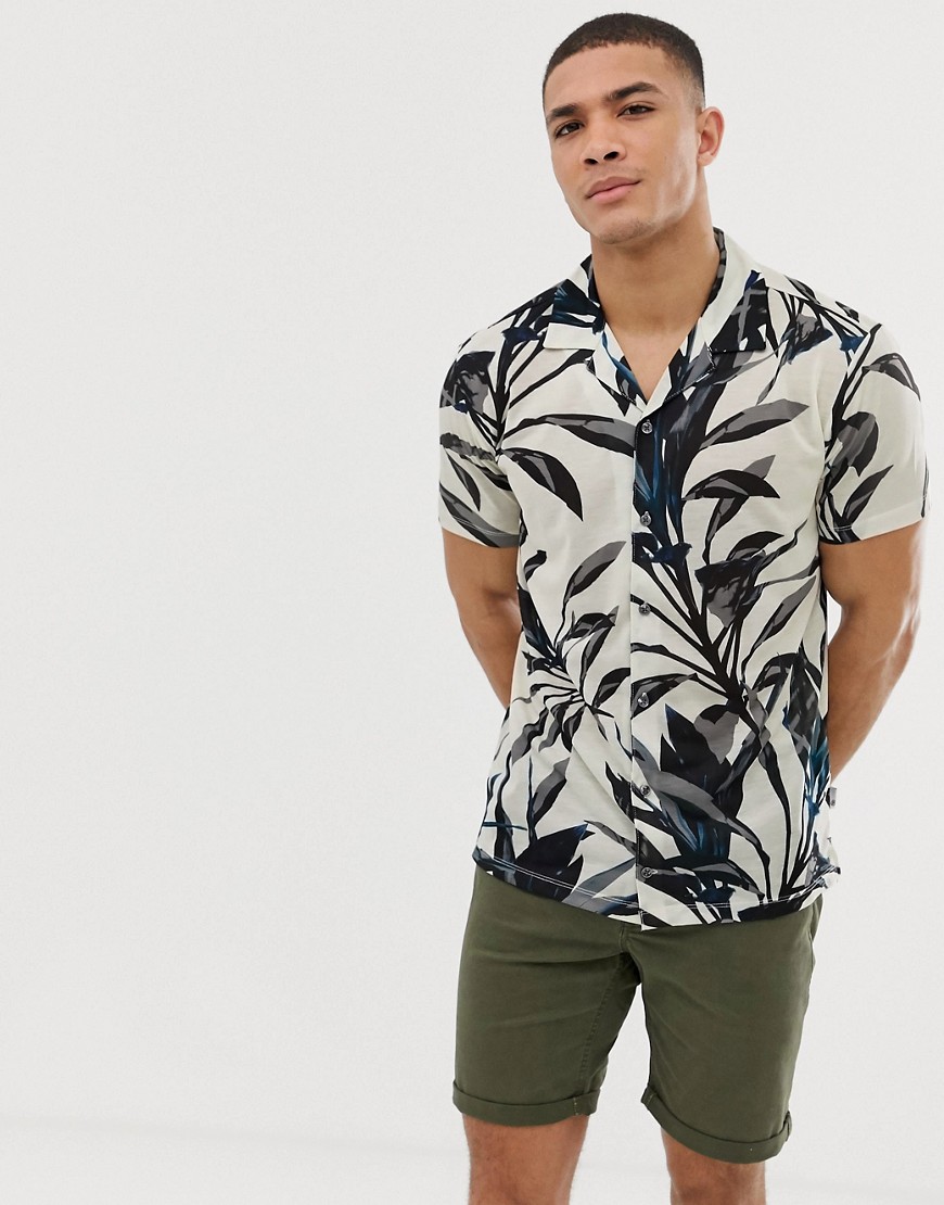Burton Menswear revere collar shirt with leaf print in white