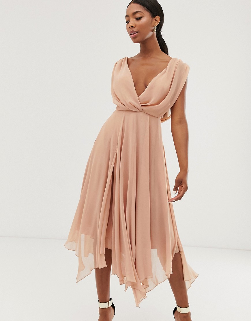 Asos Design Wrap Bodice Midi Dress With Drape Back-pink