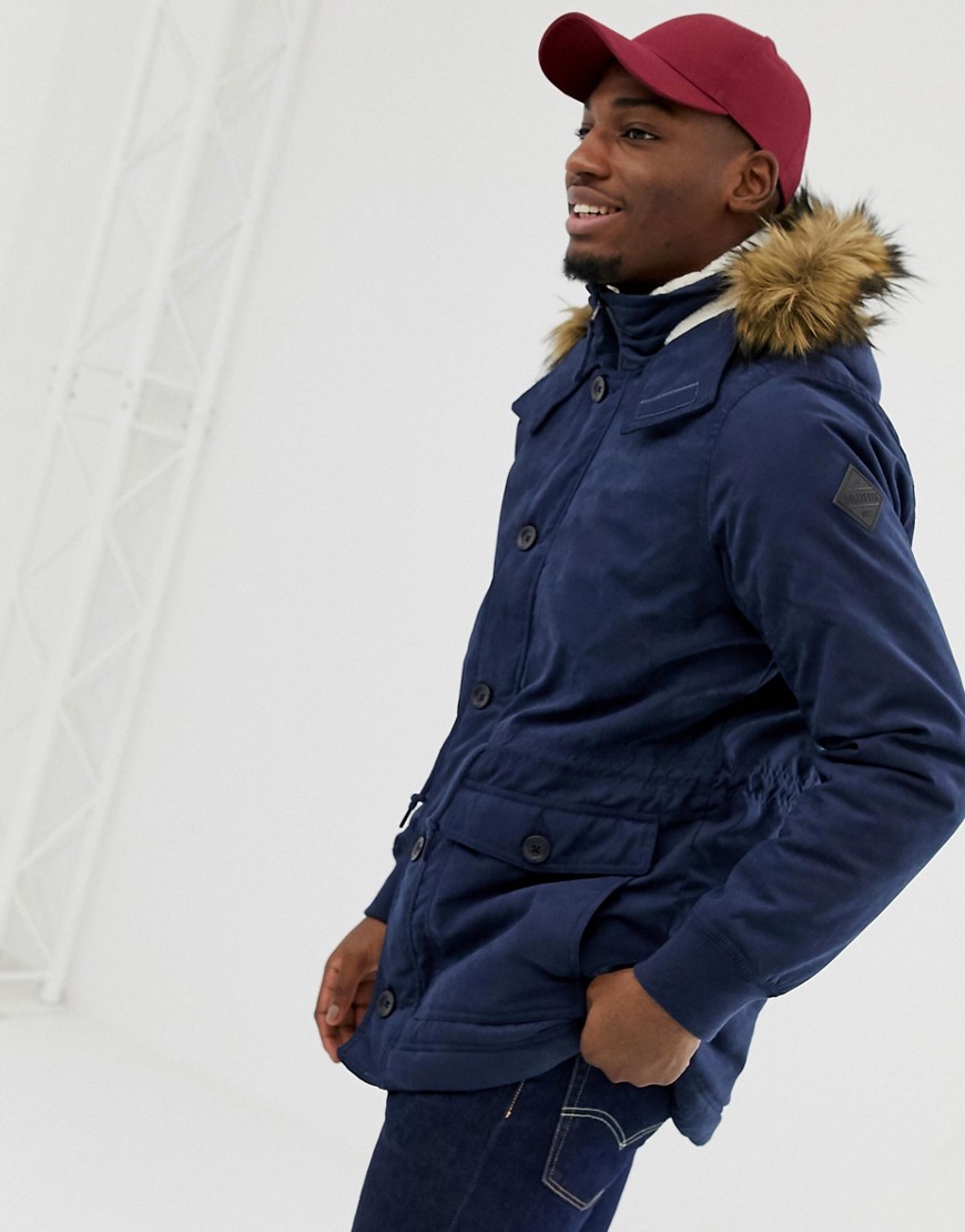 Hollister lined twill hooded parka with faux fur trim in navy