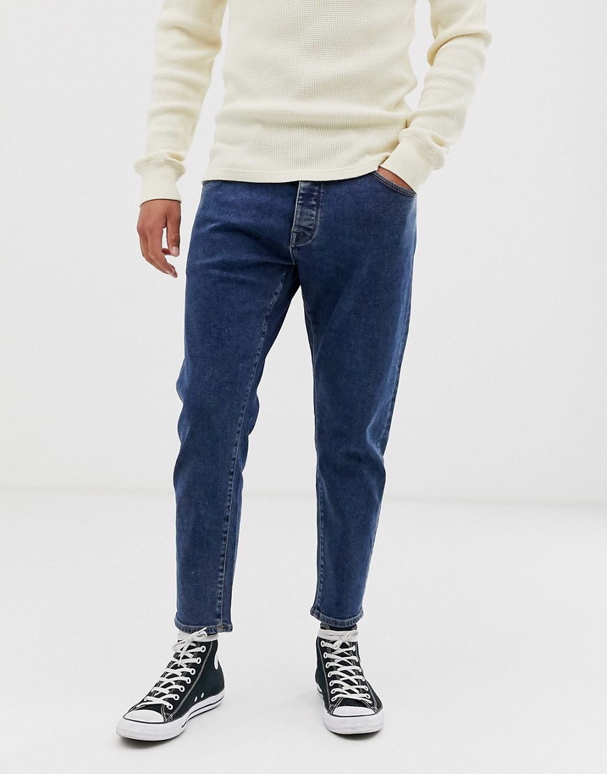 Selected Homme relaxed fit cropped organic cotton jeans in mid blue