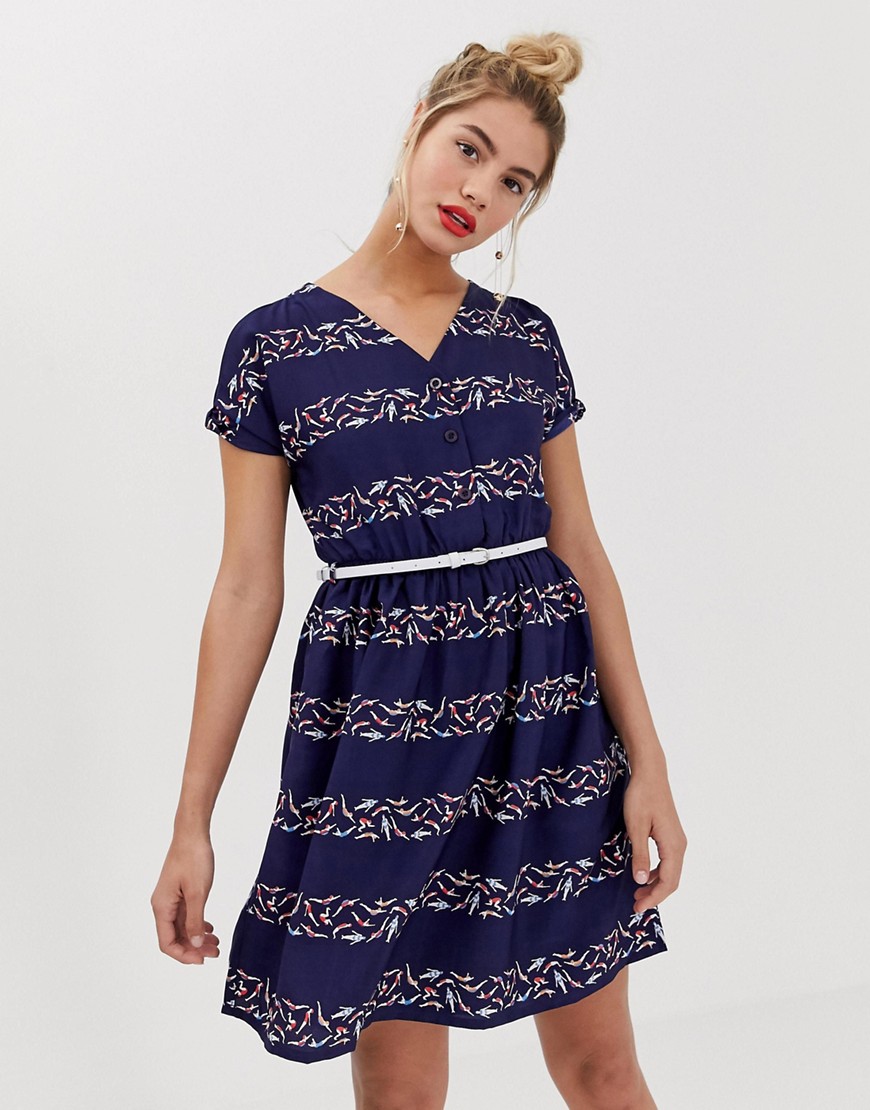 Yumi belted skater dress in graphic stripe print