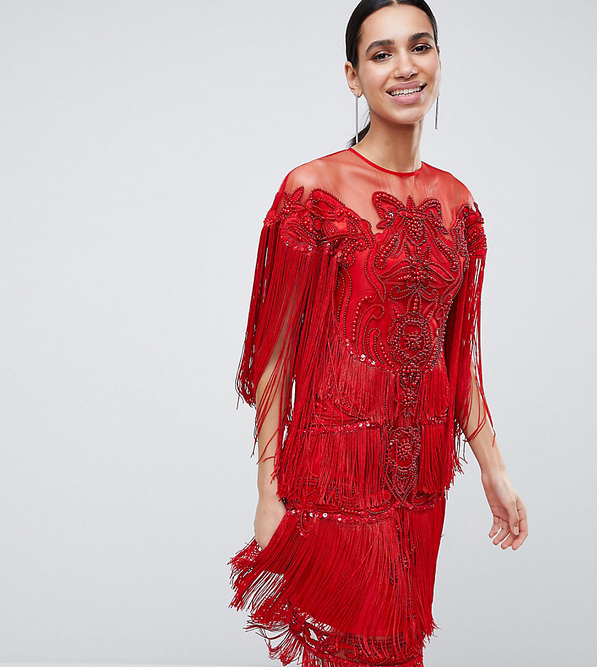 A Star Is Born Tassel Midi Dress with All Over Sequins - Red