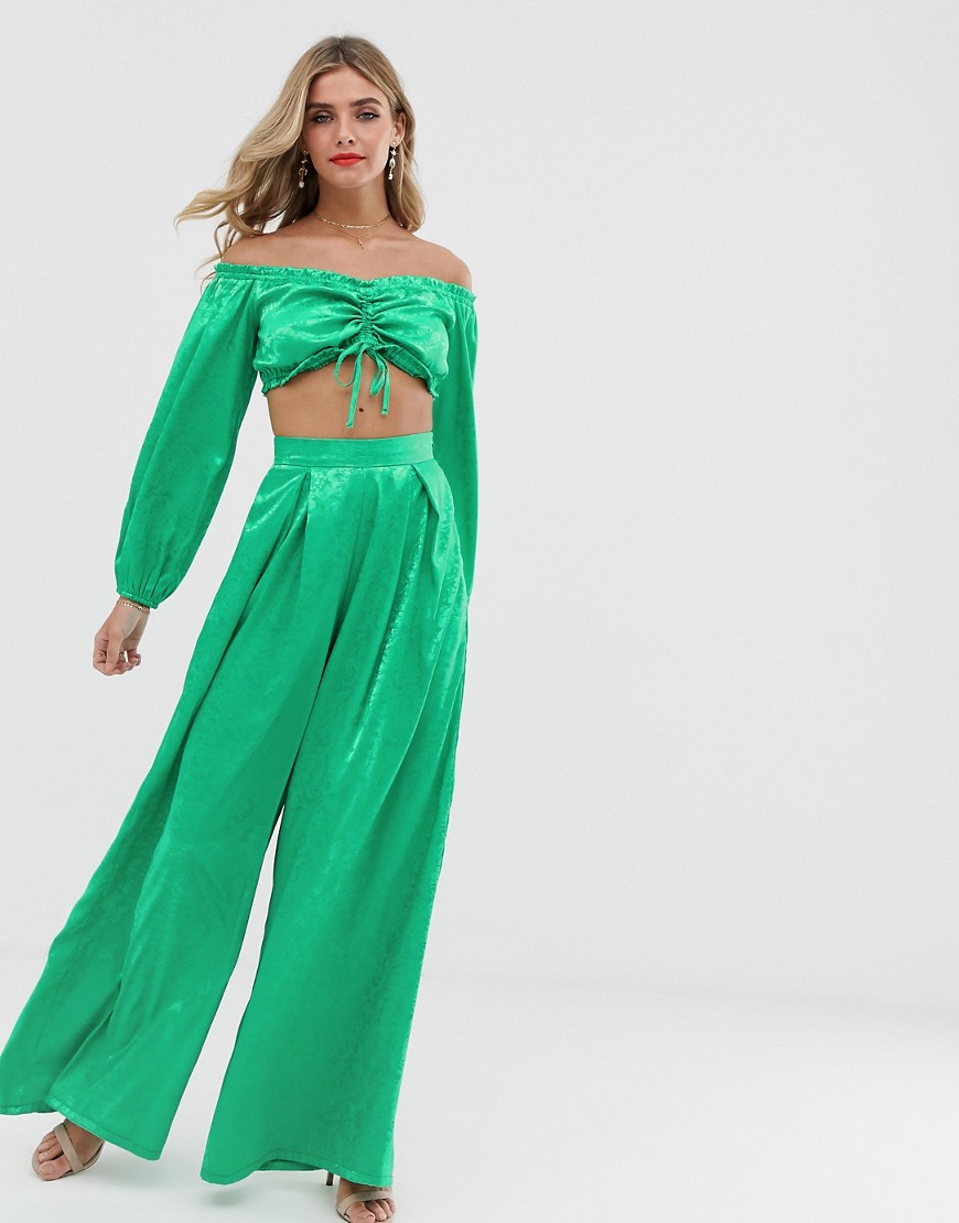Twisted Wunder satin jacquard highwaisted trouser in green