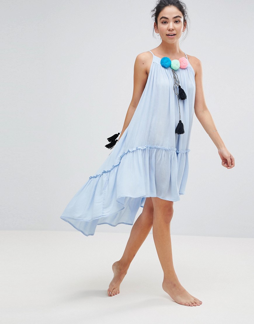 America & Beyond Sky Blue Mini Beach Dress With Oversized Pom Poms - Blue