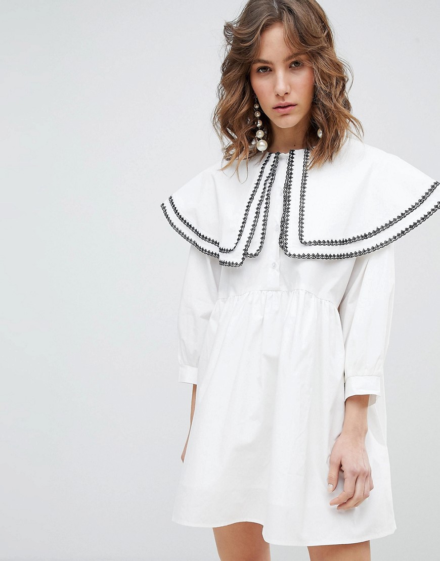 Sister Jane Smock Dress With Double Layer Bib In Cotton - White