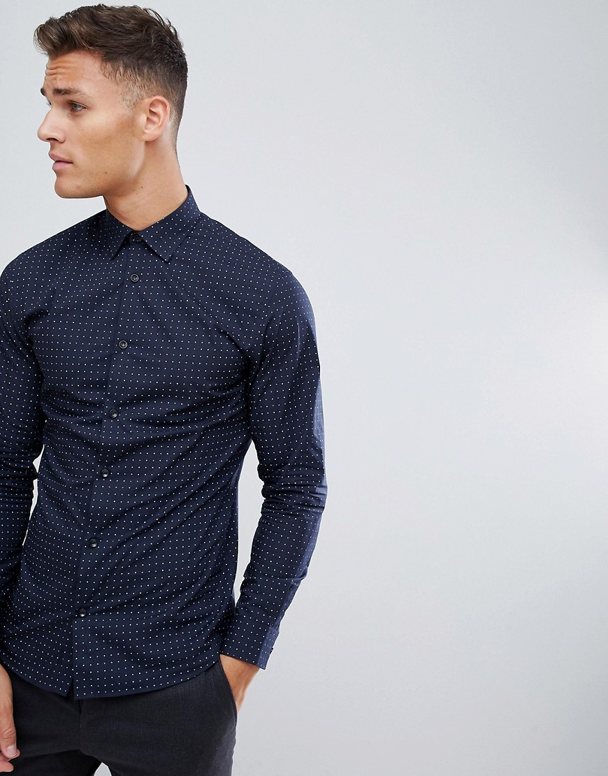 Selected Homme slim fit micro dot print smart shirt in navy