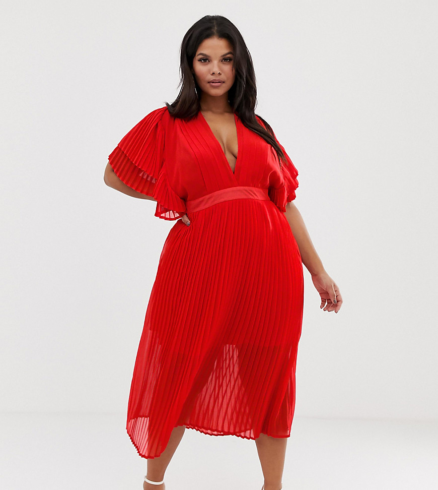 PrettyLittleThing Plus pleated midi dress with open back in red