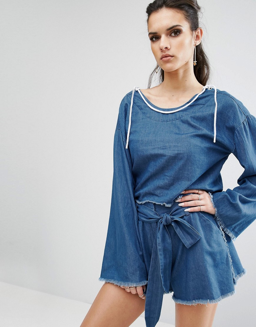 Kendall  Kylie Frayed Chambray Pullover Top