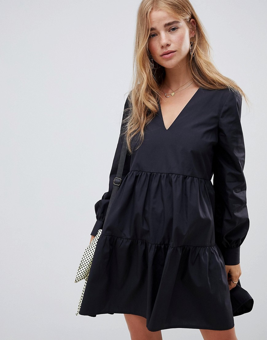 ASOS DESIGN tiered cotton smock mini dress with long sleeves