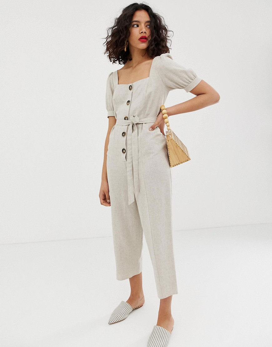 ASOS DESIGN button front tie waist puff sleeve jumpsuit with short sleeves