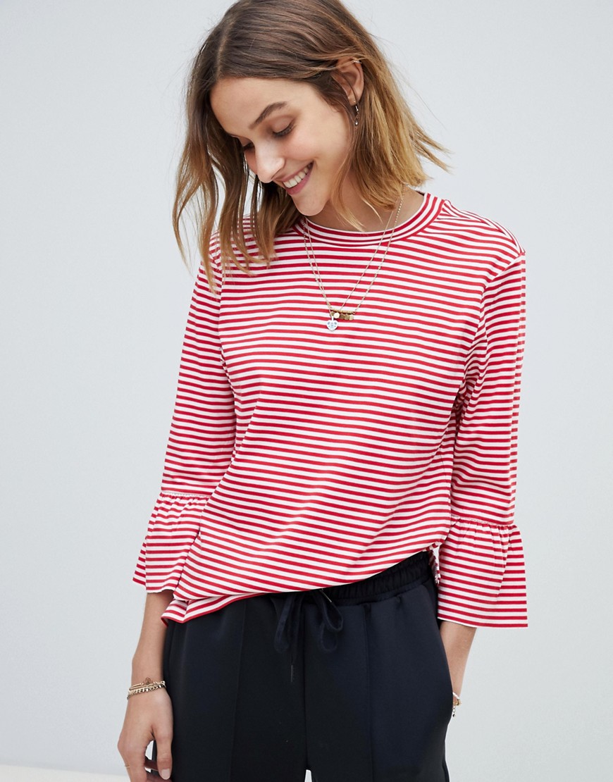 Maison Scotch Clean Striped Fluted Sleeved T-Shirt