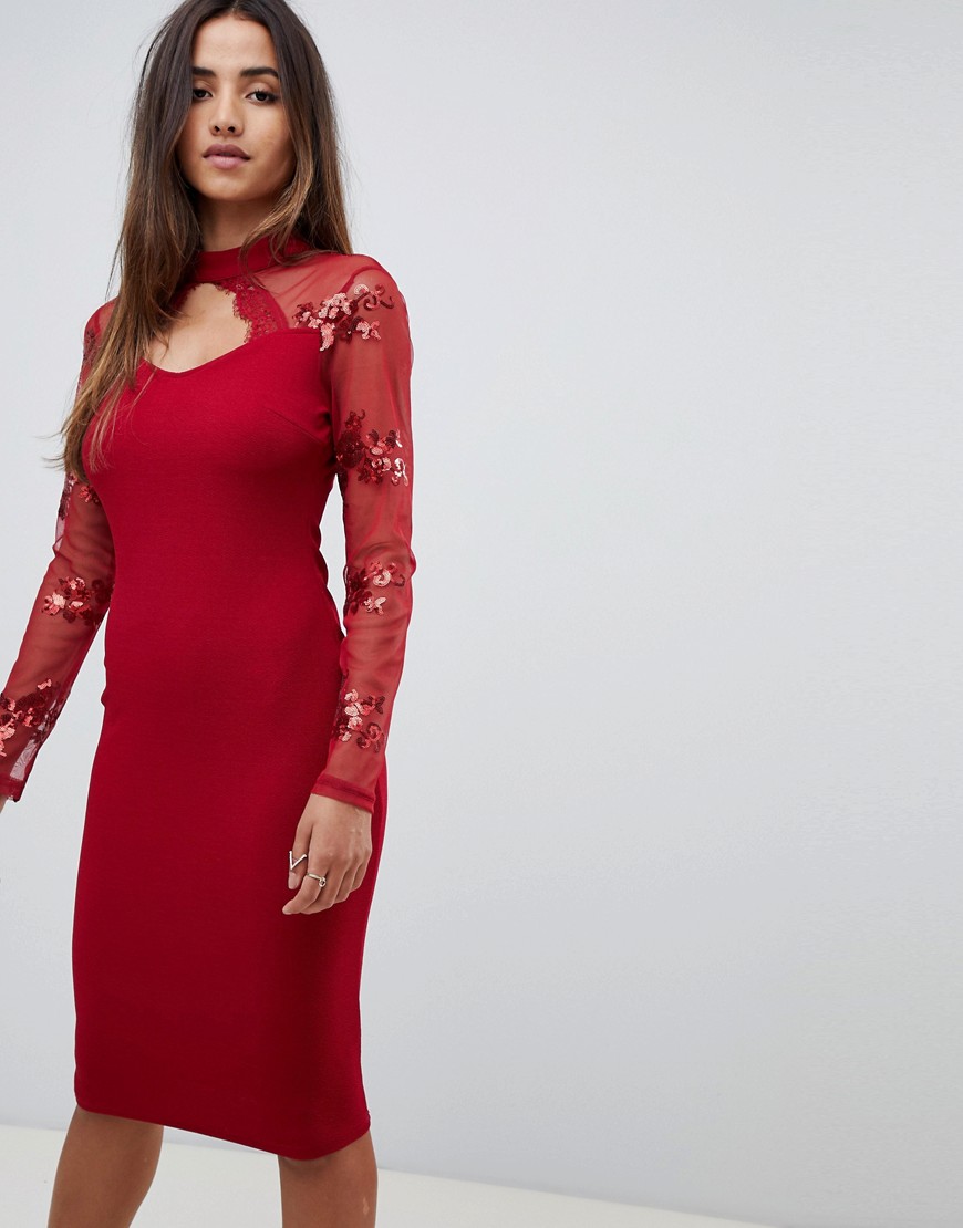 Scarlet Rocks scuba midi dress with sequin sleeve detail in red