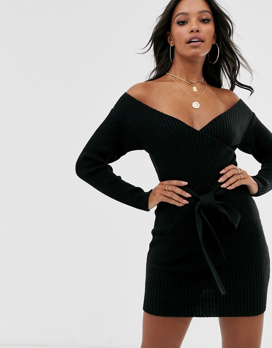 Asos Design Wrap Front Bardot Mini Dress With Belt-black