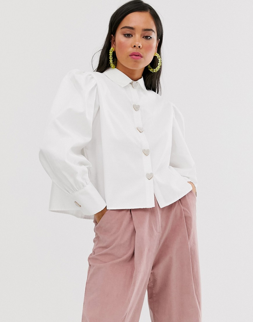 Sister Jane shirt with volume sleeves and faux pearl heart buttons