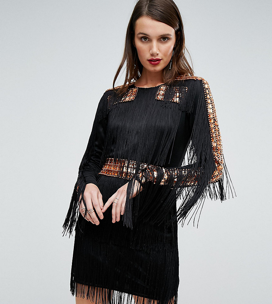 A Star Is Born Mini Dress In Jersey With Embellished Studs And Fringing - Black