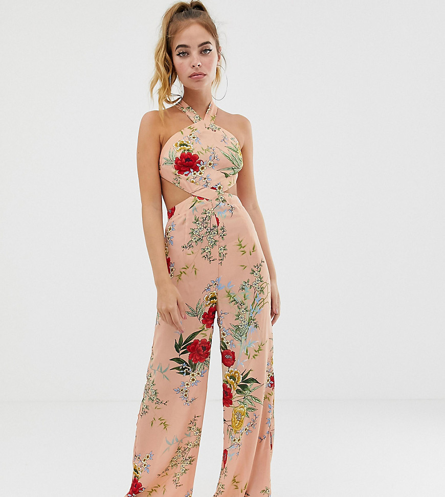Boohoo Petite wide leg jumpsuit in pink floral with cut out detail