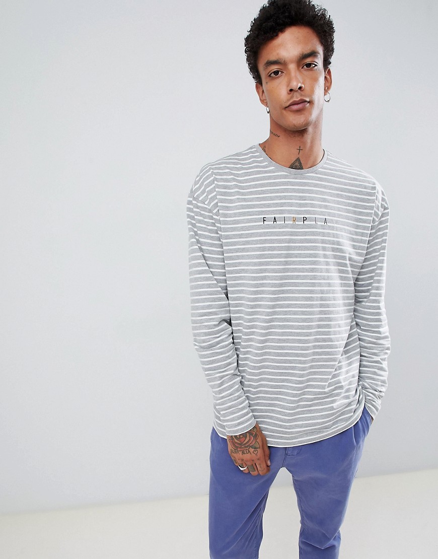 Fairplay long sleeve striped t-shirt with chest embroidery in grey