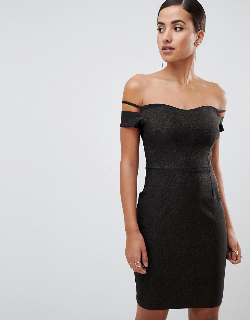Vesper bardot mini glitter dress with sleeve detail in black