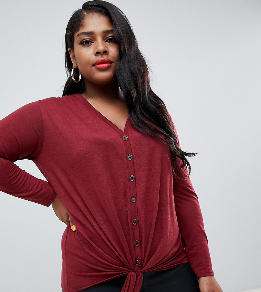 New Look Curve button through tie front top - Burgundy