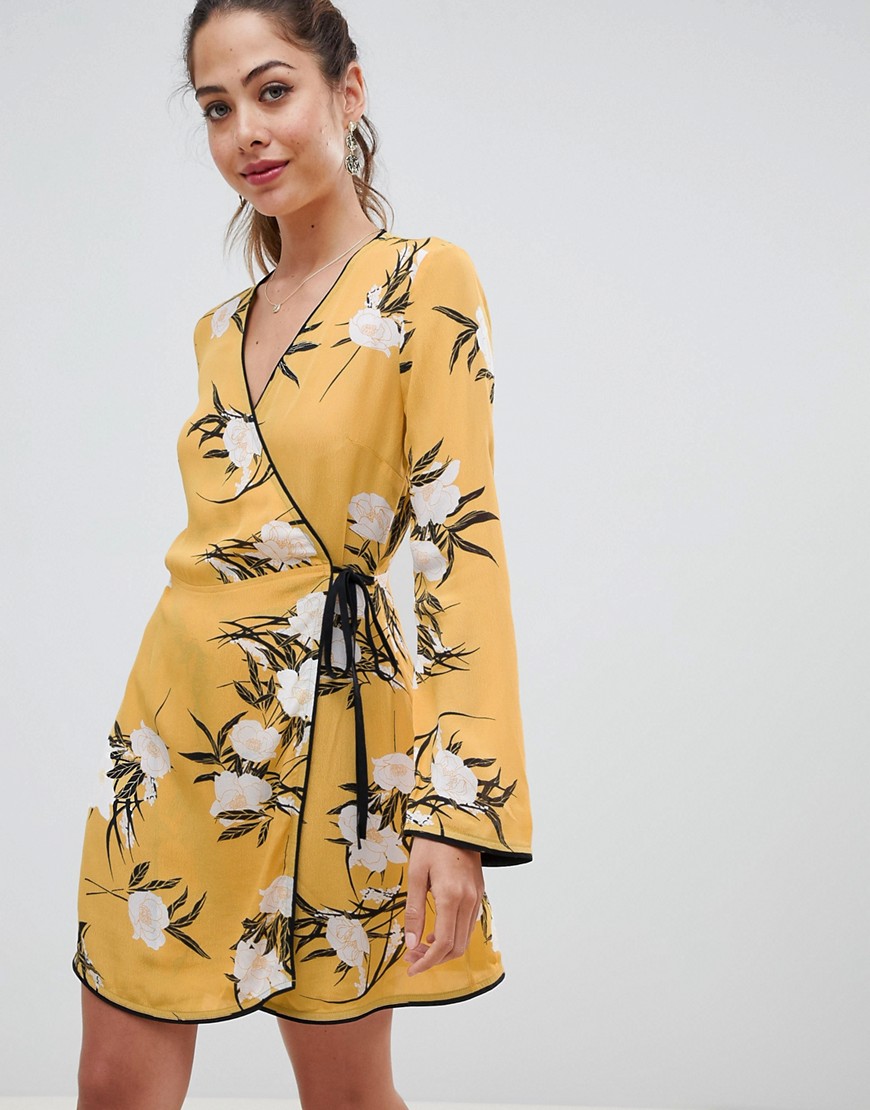 Miss Selfridge wrap tea dress with floral print in yellow