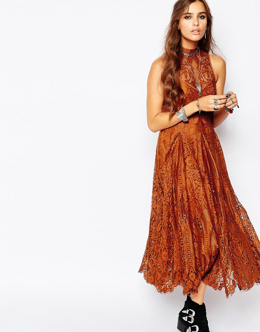 Free People | Free People Angel Rays Lace Trapeze Midi Dress in Copper ...