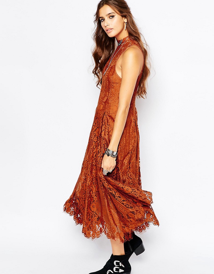 Free People | Free People Angel Rays Lace Trapeze Midi Dress in Copper ...