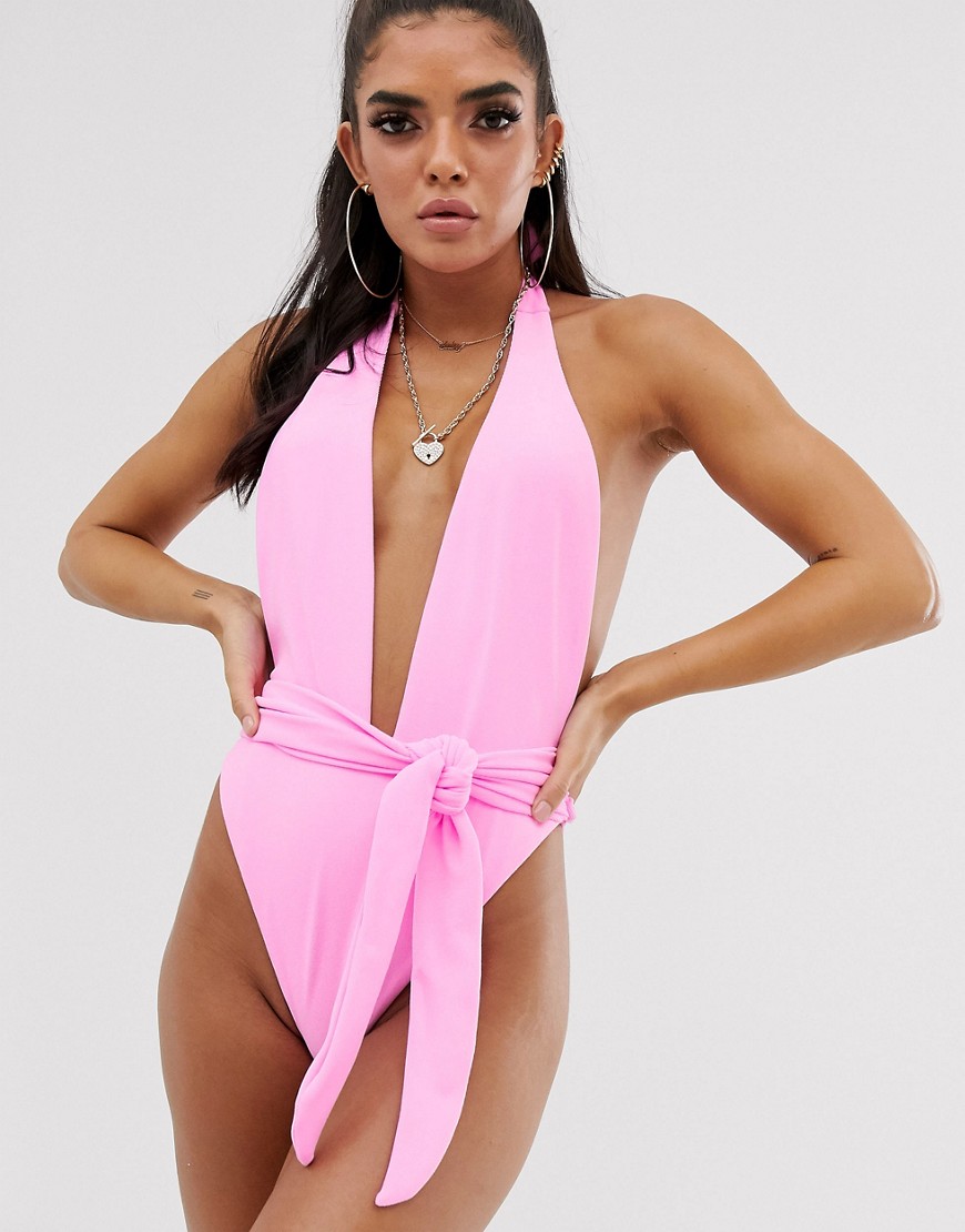 Asos Design Tie Front High Leg Swimsuit In Pink Towelling