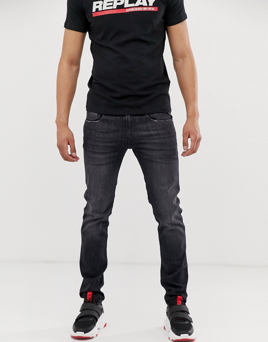 Replay Anbass stretch slim fit Eco laser blast jeans in washed black
