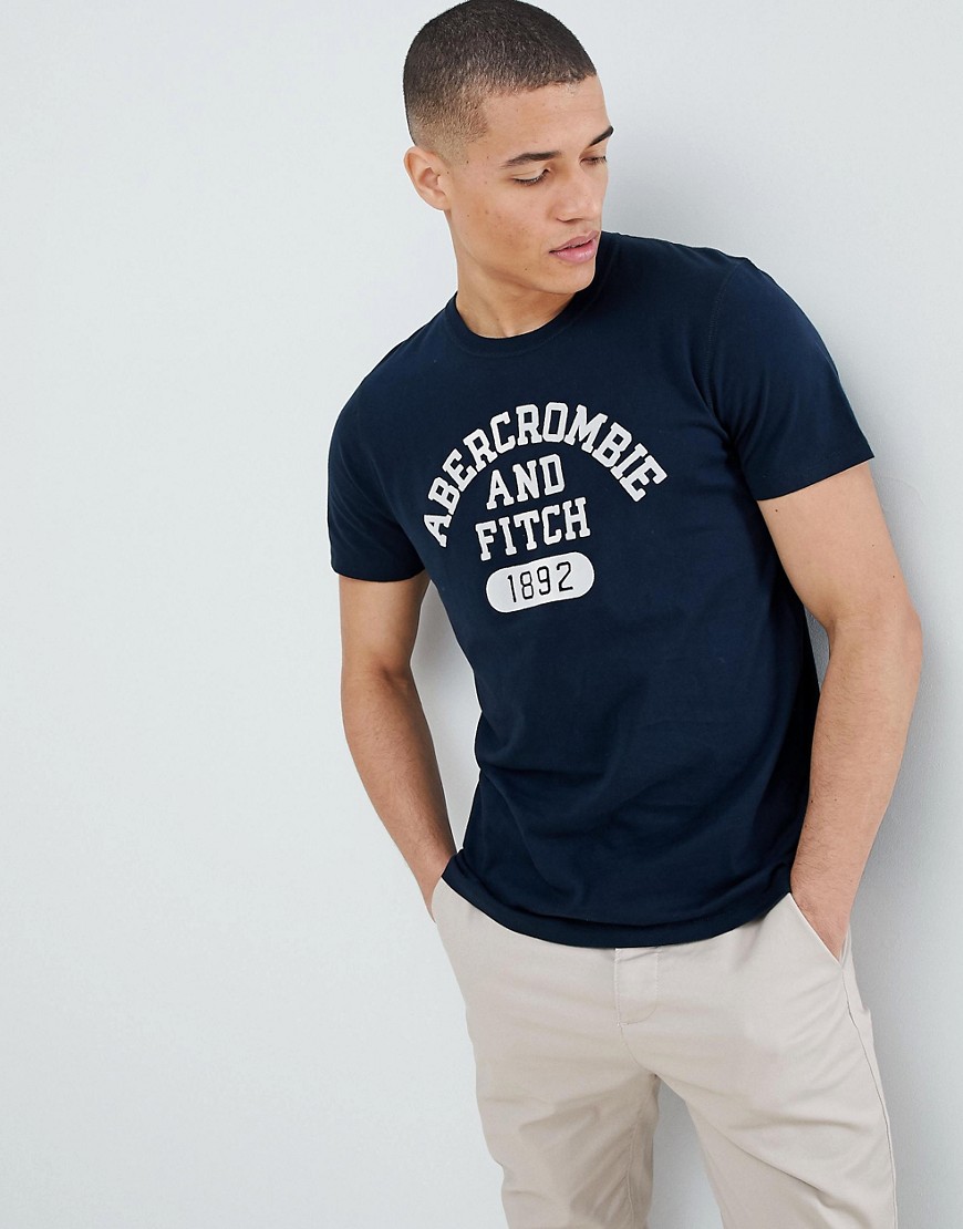 Abercrombie & Fitch varsity flock print logo crew neck t-shirt in navy