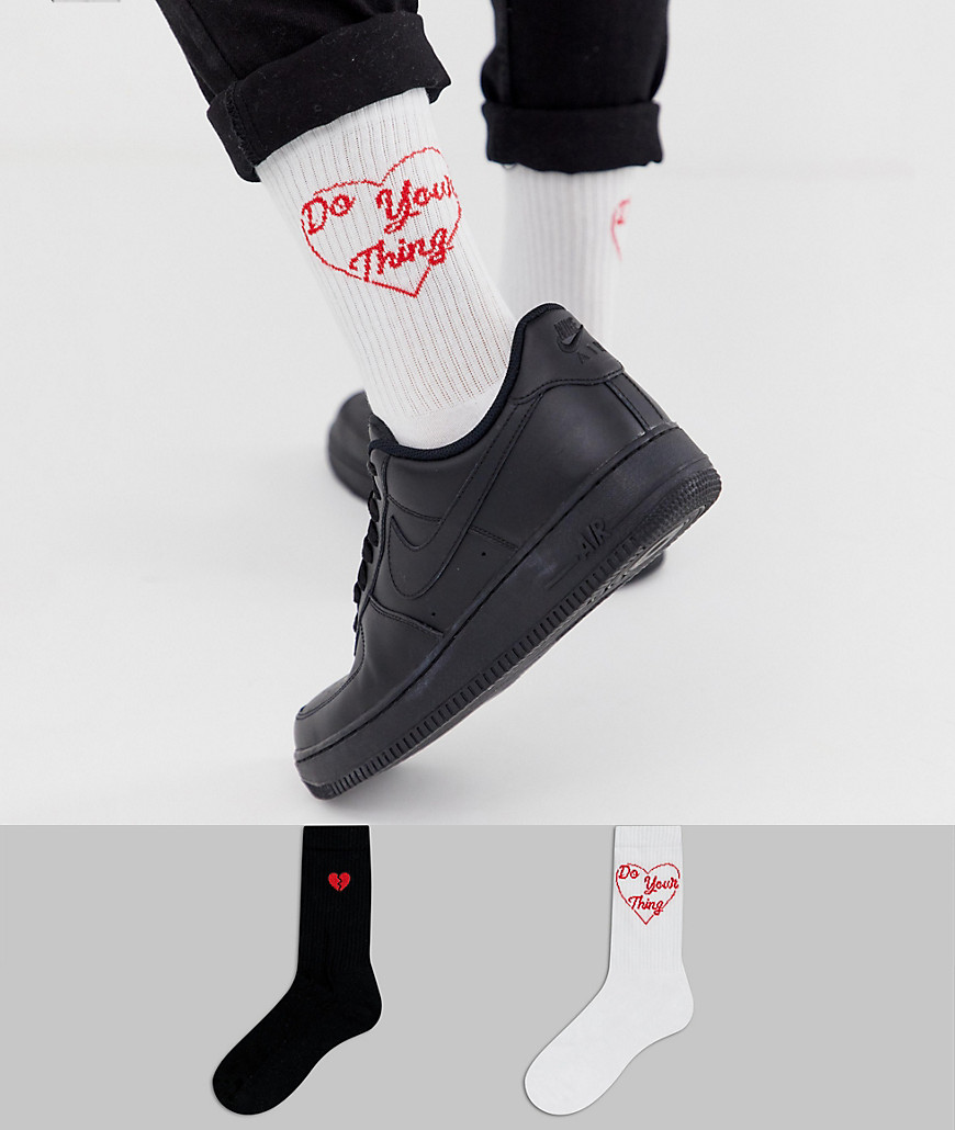 ASOS DESIGN sports socks with heart slogan 2 pack multipack saving