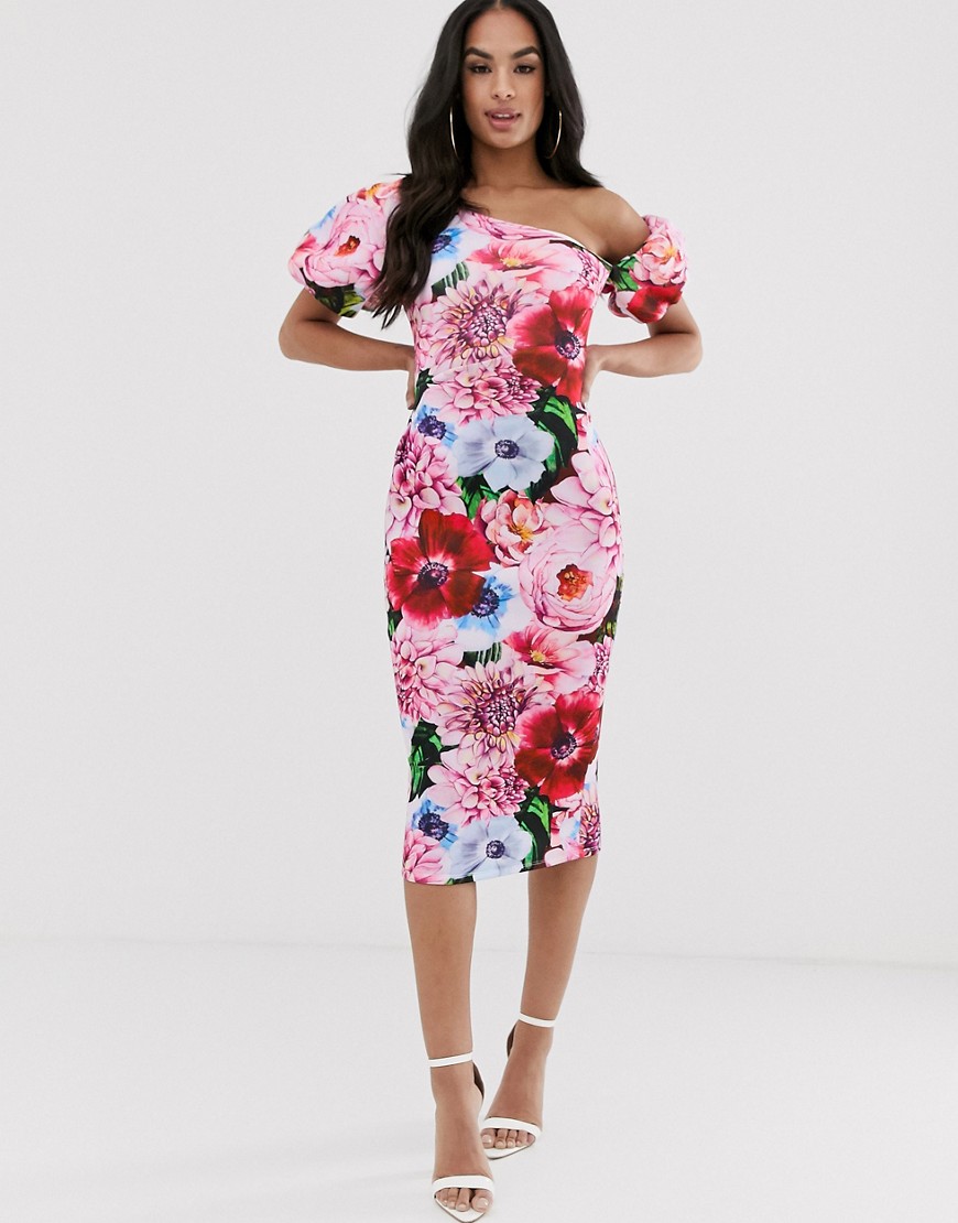 Asos Design Floral Asymmetric Bubble Sleeve Midi Dress-multi