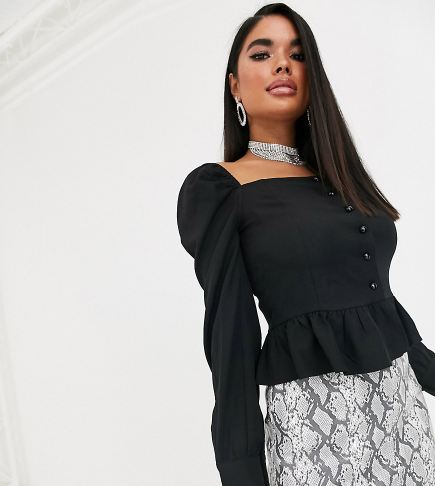 PrettyLittleThing Petite puff sleeve blouse with button through in black