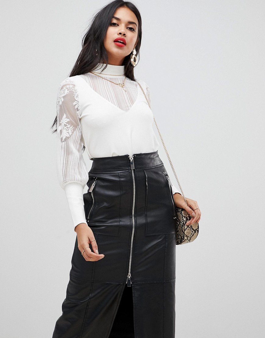 Morgan high neck top with sheer sleeve detail in white