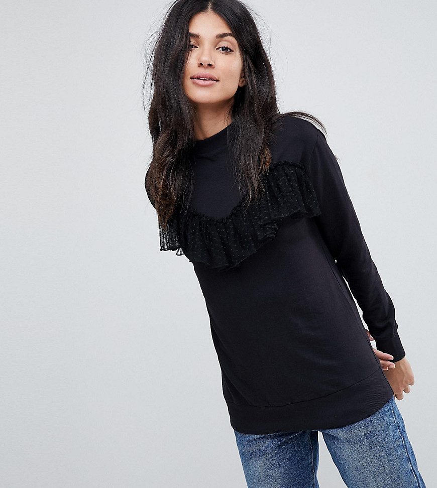 Brave Soul Tall Amelie Sweatshirt With Lace Frill - Black / black