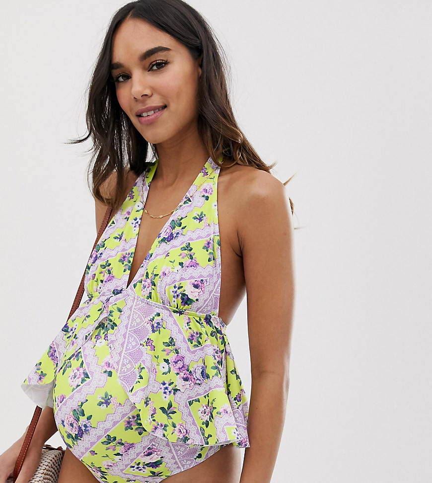 ASOS DESIGN Maternity recycled floaty halter swimsuit in lace floral print