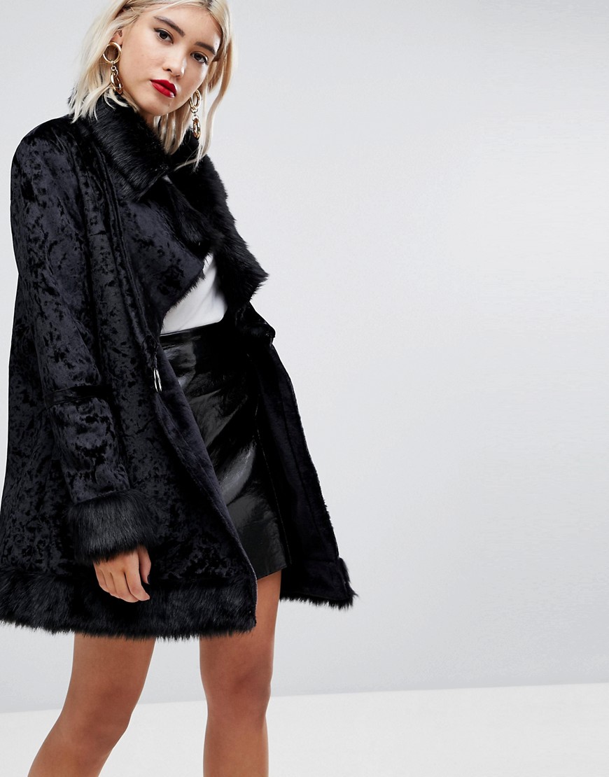 Lost Ink Wrap Coat In Luxe Velvet With Faux Fur Trim