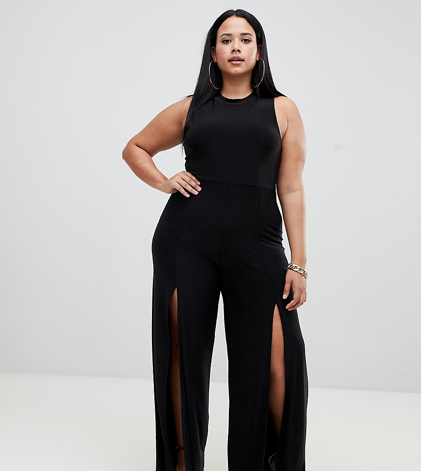 Fashionkilla Plus high neck jumpsuit with front thigh split in black