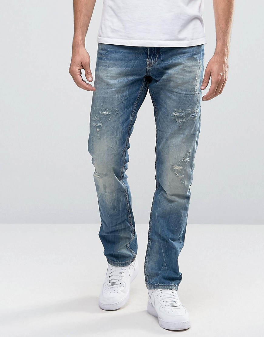 Celio Straight Fit Jeans with Rip Repair Details - Double stone