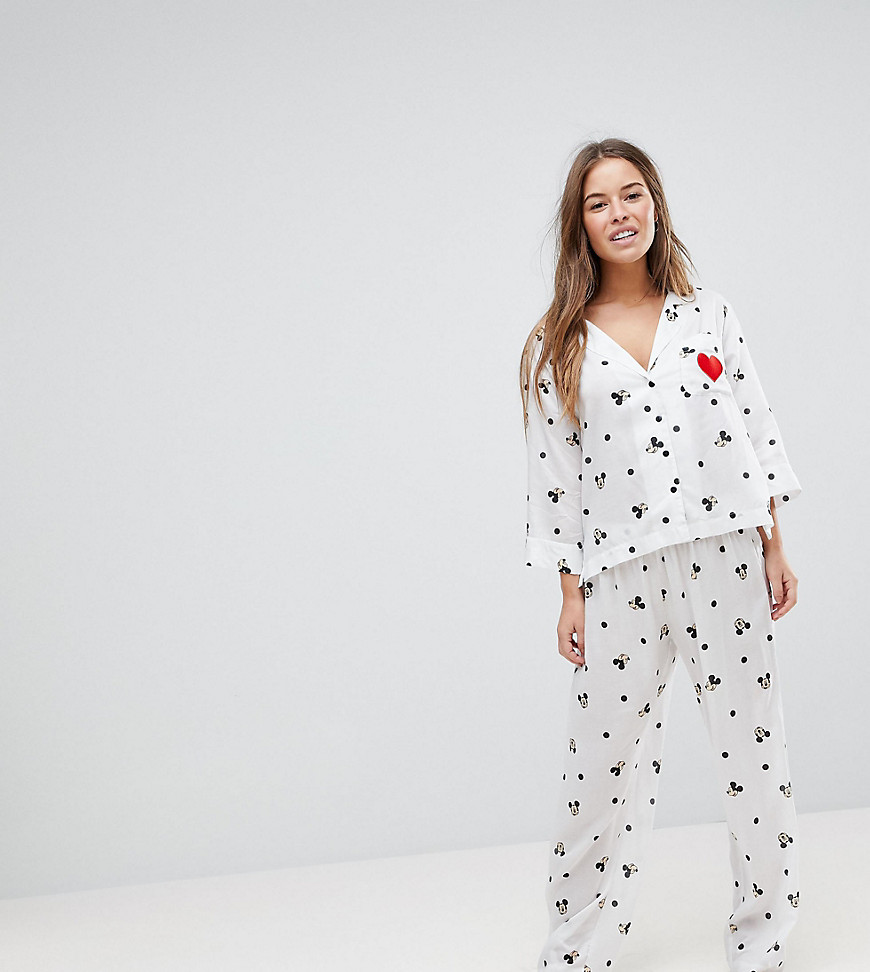 ASOS PETITE Mickey Embroidered Heart Trouser and Shirt Pyjama Set - Multi