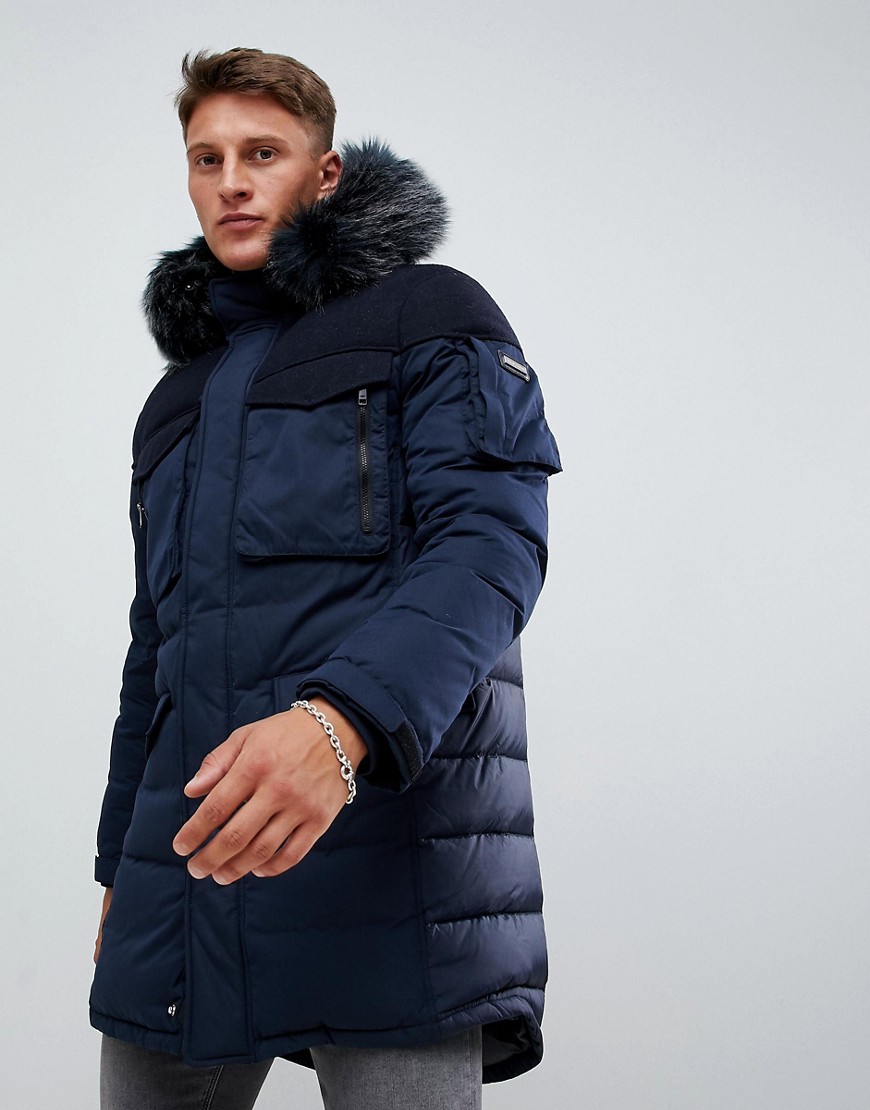 Armani Exchange long down parka with faux fur trim in navy - Navy