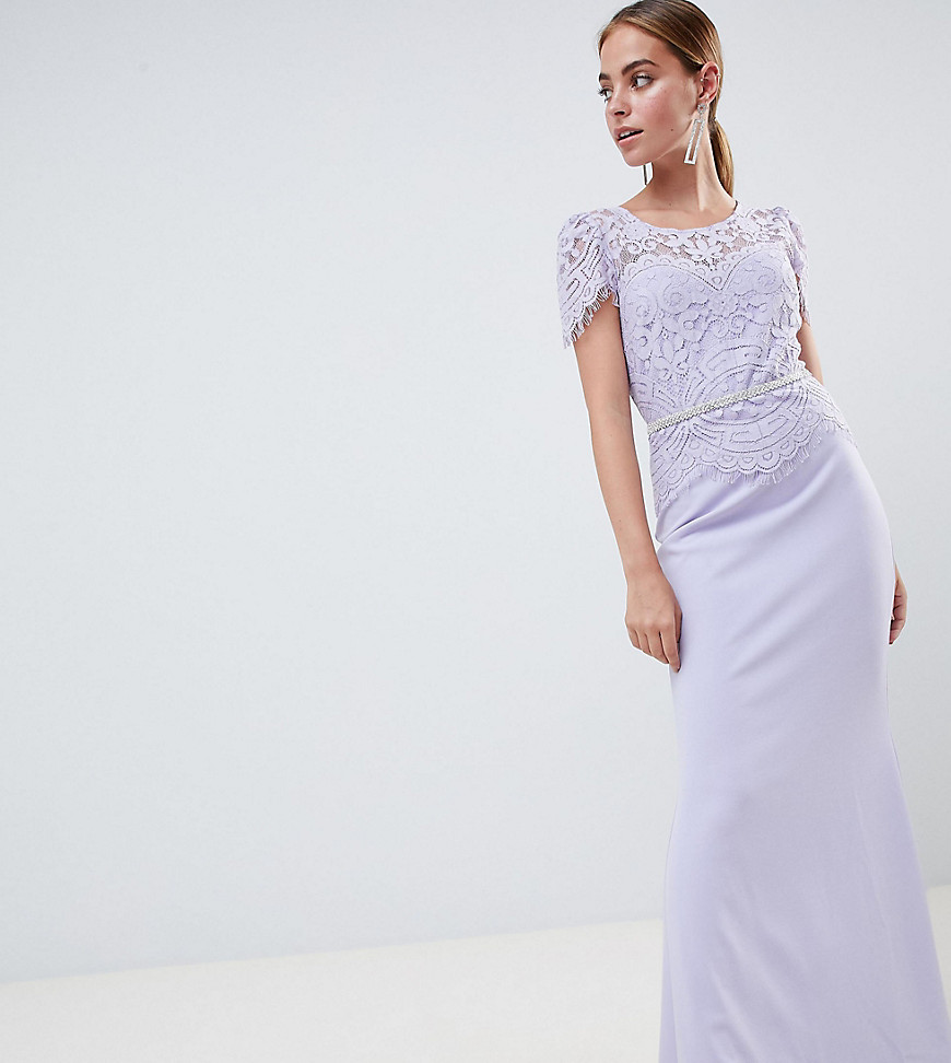 City Goddess Petite Lace Belted Fishtail Maxi Dress