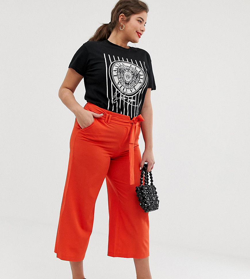 Lost Ink Plus Cropped Wide Leg Trousers With Tie Waist