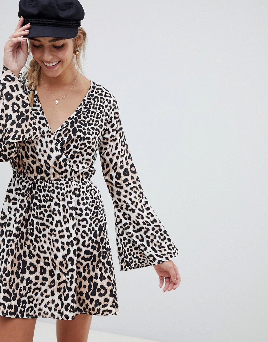 Influence flared sleeve wrap leopard print dress