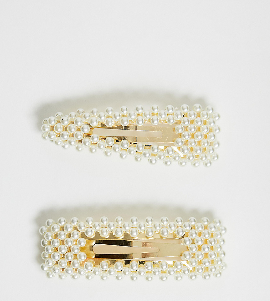 Asos Design Pack Of 2 Large Pearl Snap Hair Clips-gold